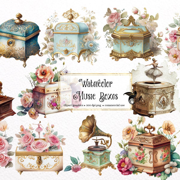 Watercolor Music Box Clipart - cute rustic floral cottagecore decor in PNG format instant download for commercial use