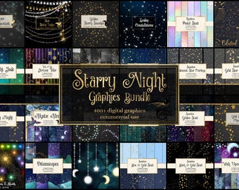 Starry Night Graphics Bundle, discount digital paper and clipart, backgrounds, scrapbook paper sale, gold stars instant download