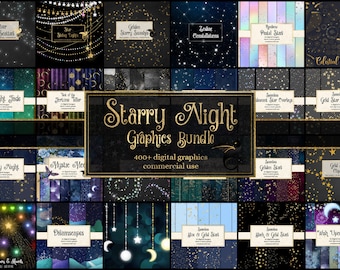 Starry Night Graphics Bundle, discount digital paper and clipart, backgrounds, scrapbook paper sale, gold stars instant download