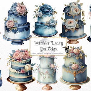 Watercolor Luxury Blue Cakes Clipart - watercolor birthday or wedding cake in PNG format instant download for commercial use