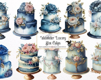 Watercolor Blue Cakes Clipart – Luxury Wedding Cake Graphics (PNG, Digital Download)