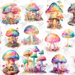 Puede incluir: Una colecci&oacute;n de ilustraciones de acuarela de casas de setas coloridas con detalles intrincados. Las setas est&aacute;n pintadas en tonos de rosa, azul, morado y verde, con acentos dorados. Cada seta tiene un dise&ntilde;o &uacute;nico y presenta una peque&ntilde;a puerta y ventanas.