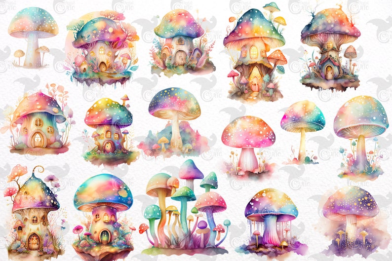 Puede incluir: Una colecci&oacute;n de ilustraciones de acuarela de casas de setas coloridas con detalles intrincados. Las setas est&aacute;n pintadas en tonos de rosa, azul, morado y verde, con acentos dorados. Cada seta tiene un dise&ntilde;o &uacute;nico y presenta una peque&ntilde;a puerta y ventanas.