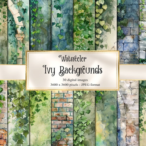 Watercolor Ivy Backgrounds, watercolour wash digital paper, rustic fantasy printable scrapbook paper