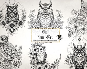 Owl Line Art Clipart - clip art floral et feuilles de collage pour l’art modifié ou les journaux indésirables téléchargement instantané utilisation commerciale