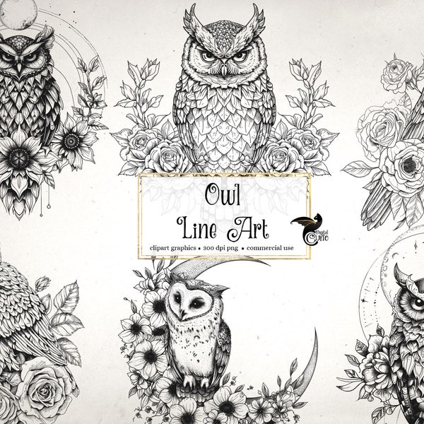 Owl Line Art Clipart - floral clip art and collage sheets for altered art or junk journals instant download commercial use