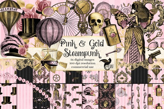 Pink & Gold Steampunk Graphics, Victorian Clipart, Seamless Digital Paper (Digital Download)