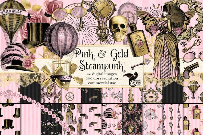 以下が含まれることがあります： ピンクとゴールドの steampunk テーマのデジタルコラージュ。コラージュには、熱気球、歯車、頭蓋骨、蝶、時計、鳥かご、鍵、銃、ピンクとゴールドのドレスを着た女性が含まれています。コラージュの中央には「Pink & Gold Steampunk」というテキストがあります。