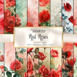 Sfondi acquerello rosa rossa, carta digitale con lavaggio ad acquerello, carta scrapbook stampabile giardino primaverile floreale