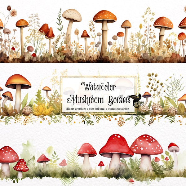 Champignon aquarelle bordures Clipart - bordures botaniques sans soudure clip art en téléchargement instantané au format PNG pour un usage commercial