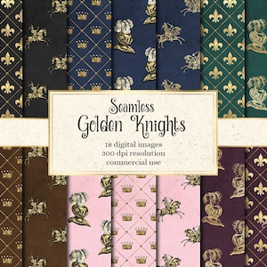 Papel digital de cavaleiros dourados, padrões sem costura de papel para impressão, fundos de princesa de fantasia, cavaleiros medievais e coroas de ouro
