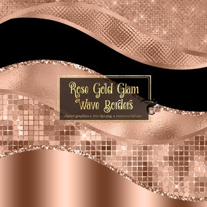 Rose Gold Glam Wave Borders Clipart - seamless glitter and foil metallic luxury borders in png format for commercial use