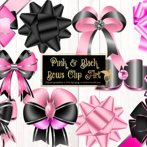 Roze en zwarte strikken Clip Art - satijnen strik clipart in png formaat instant download voor commercieel gebruik