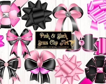 May include: A set of pink and black bows with silver accents. The bows are in various shapes and sizes, including a star shape, a traditional bow, and a large bow with a center piece. The text "Pink & Black Bows Clip Art" is displayed in a black rectangle.