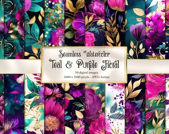 Watercolor Teal and Purple Floral - seamless printable digital backgrounds for commercial use