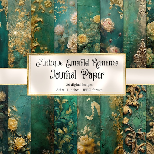 Antique Emerald Romance Journal Paper, notebook digital paper rococo fantasy junk journal pages printable 8.5x11 A4 paper instant download