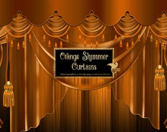 Orange Shimmer Curtains Clipart, digital curtain backdrop clip art graphics, stage curtains, theater drapes, curtain png overlays