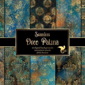 Papier cyfrowy Deco Patina, złoty ornament art deco, patyna, tekstury tła, antyczny papier do scrapbookingu do druku w celach komercyjnych