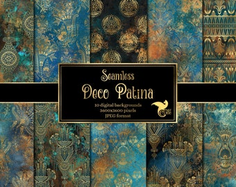 Deco Patina Digital Paper, gold art deco ornament patina texture backgrounds antique printable scrapbook paper for commercial use