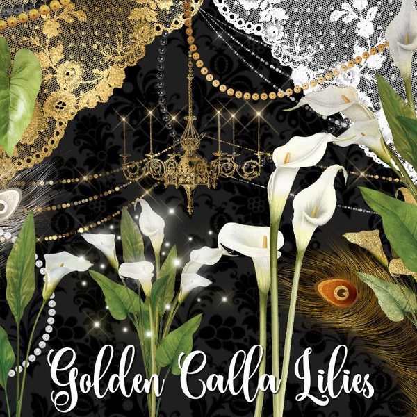 Golden Calla Lilies Clipart, white and gold magic flower clipart, black pearls, white lace wedding calla lily png graphics instant download