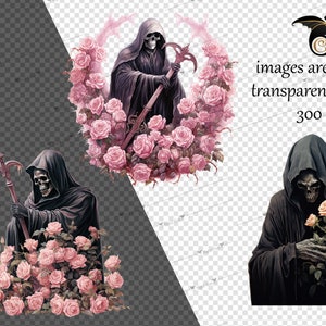 May include: A digital illustration of the Grim Reaper holding a bouquet of pink roses. The Grim Reaper is wearing a black hooded robe and has a skull face. The roses are surrounded by green leaves.