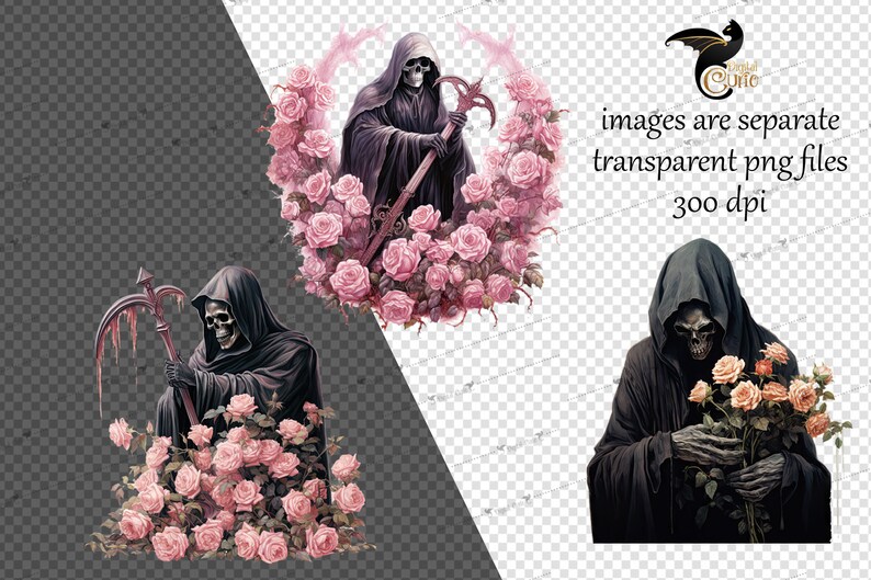 May include: A digital illustration of the Grim Reaper holding a bouquet of pink roses. The Grim Reaper is wearing a black hooded robe and has a skull face. The roses are surrounded by green leaves.