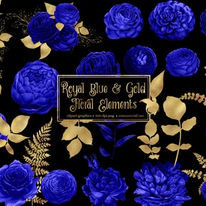 Royal Blue en Gold Floral Elements Clip Art - digitale clipartafbeeldingen van rozen en bladgoud in png-indeling voor commercieel gebruik