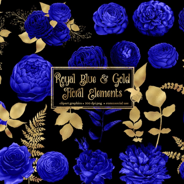 Royal Blue and Gold Floral Elements Clip Art - digital clipart graphics of roses and gold foil leaves in png format for commercial use