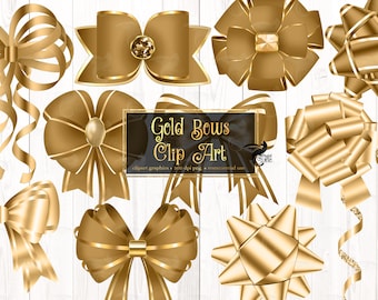 Gold Bows Clipart – Shimmery Ribbon Graphics (PNG, Digital Download)