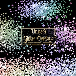 Unicorn Glitter Clipart - sobreposições de confetes brilhantes em formato PNG de arco-íris holográfico, download instantâneo para uso comercial