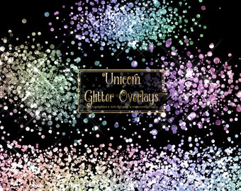 Unicorn Glitter Clipart - glitter confetti overlays in holographic rainbow PNG format instant download for commercial use
