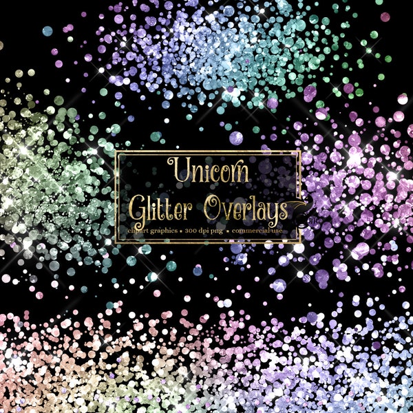 Unicorn Glitter Clipart - glitter confetti overlays in holographic rainbow PNG format instant download for commercial use