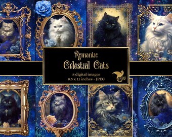 Puede incluir: Ocho imágenes digitales de gatos en marcos dorados ornamentados sobre un fondo de noche estrellada azul. El título "Romantic Celestial Cats" se muestra en una pancarta negra. Cada imagen mide 8,5 x 11 pulgadas y está en formato JPEG.