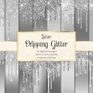 Silver Dripping Glitter Digital Paper, glitter backgrounds with frosting drips printable scrapbook paper for commercial use