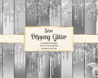 Silver Dripping Glitter Digital Paper, glitter backgrounds with frosting drips printable scrapbook paper for commercial use