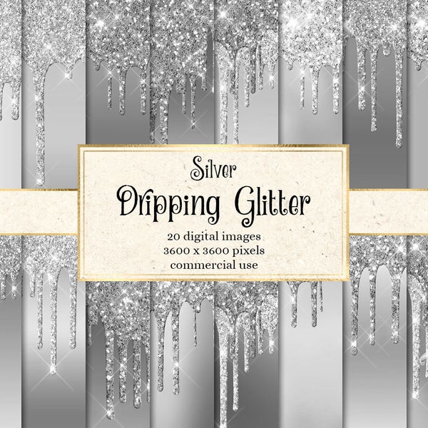 Silver Dripping Glitter Digital Paper, glitter backgrounds with frosting drips printable scrapbook paper for commercial use