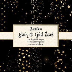 Black and Gold Star Digital Paper, seamless stars, whimsical golden starry night backgrounds scrapbook paper instant download commercial use image 1
