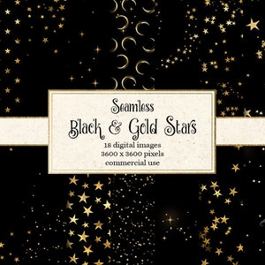 Black and Gold Star Digital Paper, naadloze sterren, grillige gouden sterrenhemel achtergronden plakboekpapier instant download commercieel gebruik