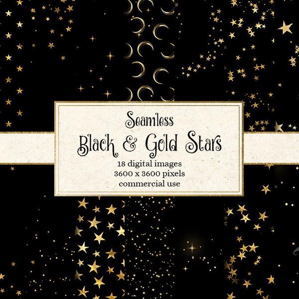 Black and Gold Star Digital Paper, seamless stars, whimsical golden starry night backgrounds scrapbook paper instant download commercial use