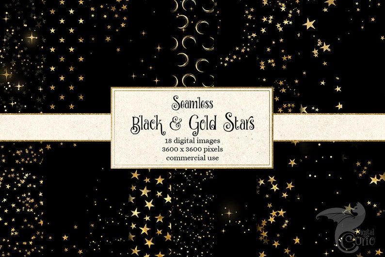 Black and Gold Star Digital Paper, seamless stars, whimsical golden starry night backgrounds scrapbook paper instant download commercial use image 1