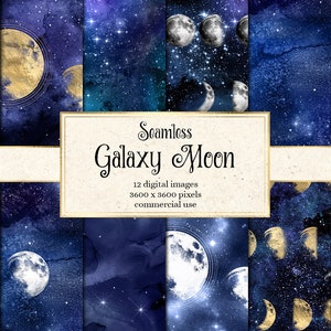 May include: Seamless digital paper patterns featuring a galaxy background with gold and white moons. The text "Seamless Galaxy Moon" is displayed in the centre of the image. The text "12 digital images 3600 x 3600 pixels commercial use" is displayed below the title.