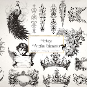 Clipart de ornamentos vitorianos vintage - gráficos de clip art surrados e folhas de colagem para arte alterada ou diários indesejados, download instantâneo