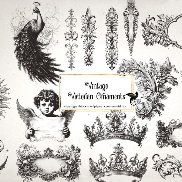 Ornamenti vintage vittoriani Clipart - grafica clip art squallida e fogli di collage per il download istantaneo di riviste d'arte alterate o spazzatura