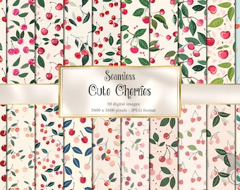 Cute Cherries Digital Paper - seamless pastel fruit background patterns instant download for commercial use