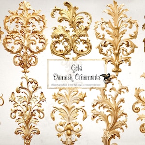 May include: A collection of gold damask ornaments in various ornate designs. The image features several decorative elements with intricate leaf and scroll patterns, perfect for digital art or design projects. The text in the image reads "Gold Damask Ornaments".