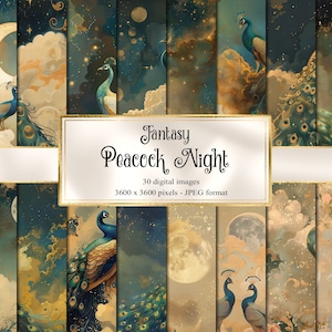 Fantasy Peacock Digital Paper: Celestial Scrapbook Pages (Digital Download)