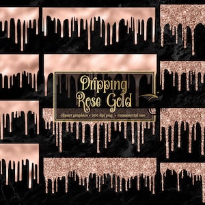 Dripping Rose Gold Clipart - rose gold glitter drips like frosting with foil and sparkles in PNG format instant download for commercial use