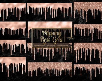 Dripping Rose Gold Clipart - rose gold glitter drips like frosting with foil and sparkles in PNG format instant download for commercial use
