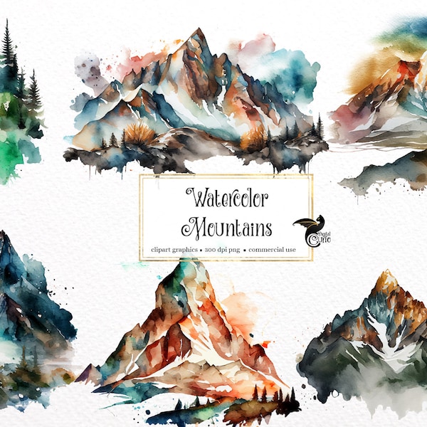 Clipart de montagne aquarelle - paysages de montagnes en téléchargement instantané au format PNG pour un usage commercial