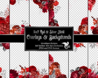 Red Silver Floral Overlays, Vintage Flower Clipart (5x7, Digital Download)